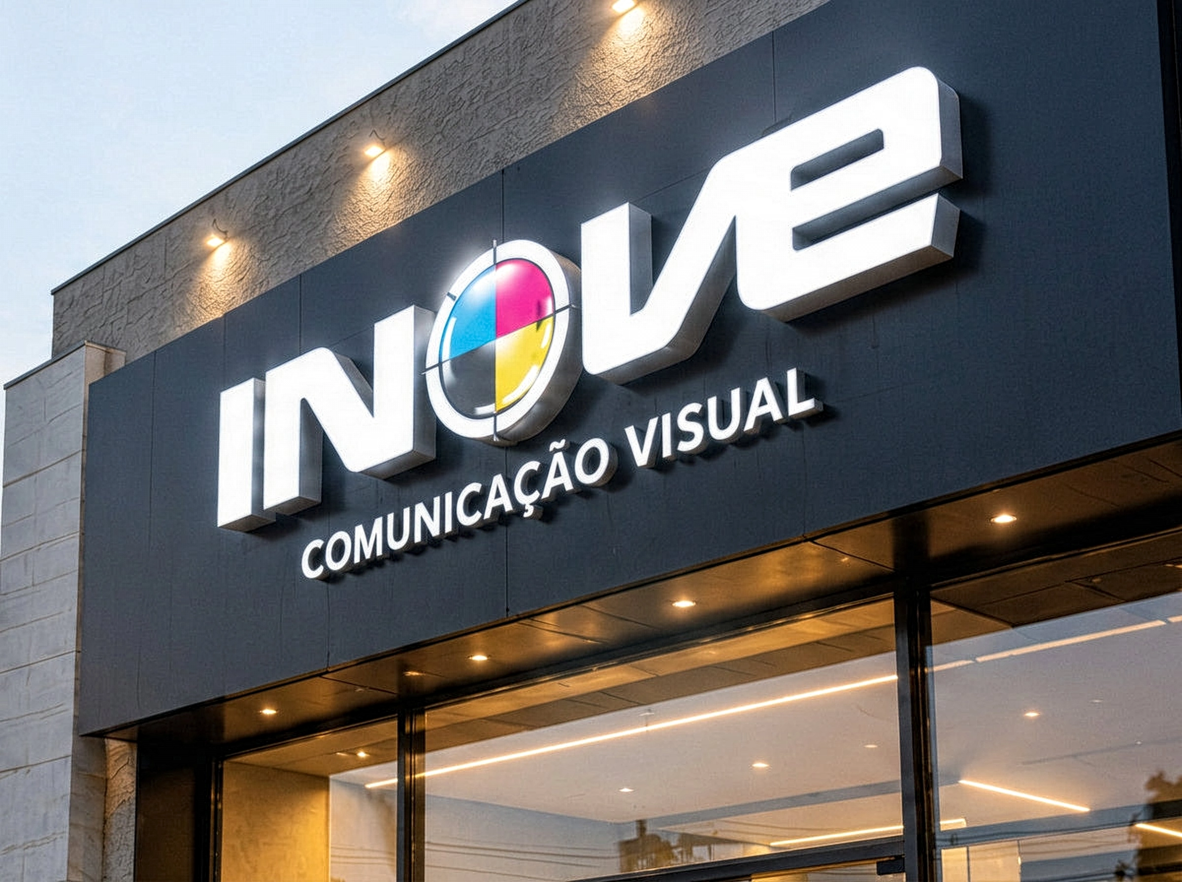 Fachada comercial moderna com letreiro luminoso em letras caixa da INOVE Comunicação Visual